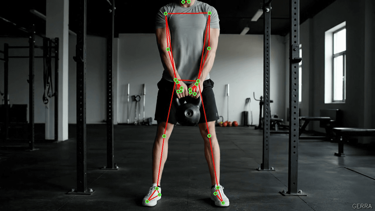 Kettlebell Swing, a generated frame with the estimated body pose drawn over it