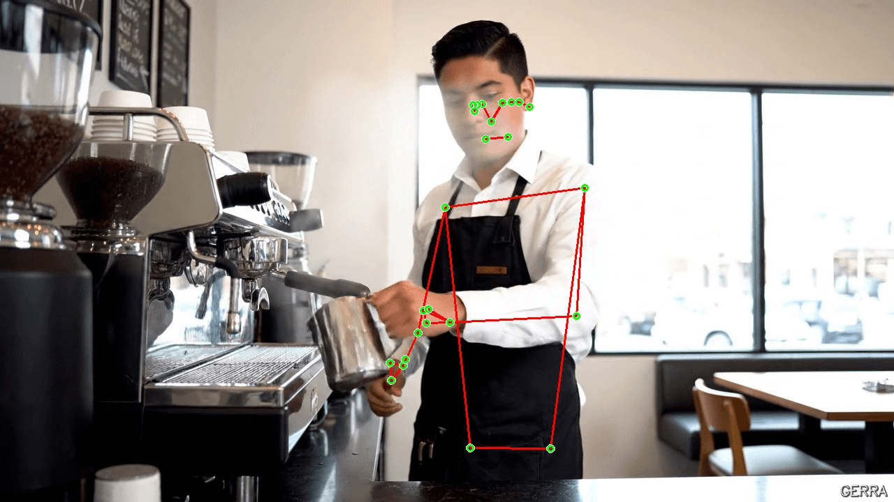Milk Steaming, a generated frame with the estimated body pose drawn over it