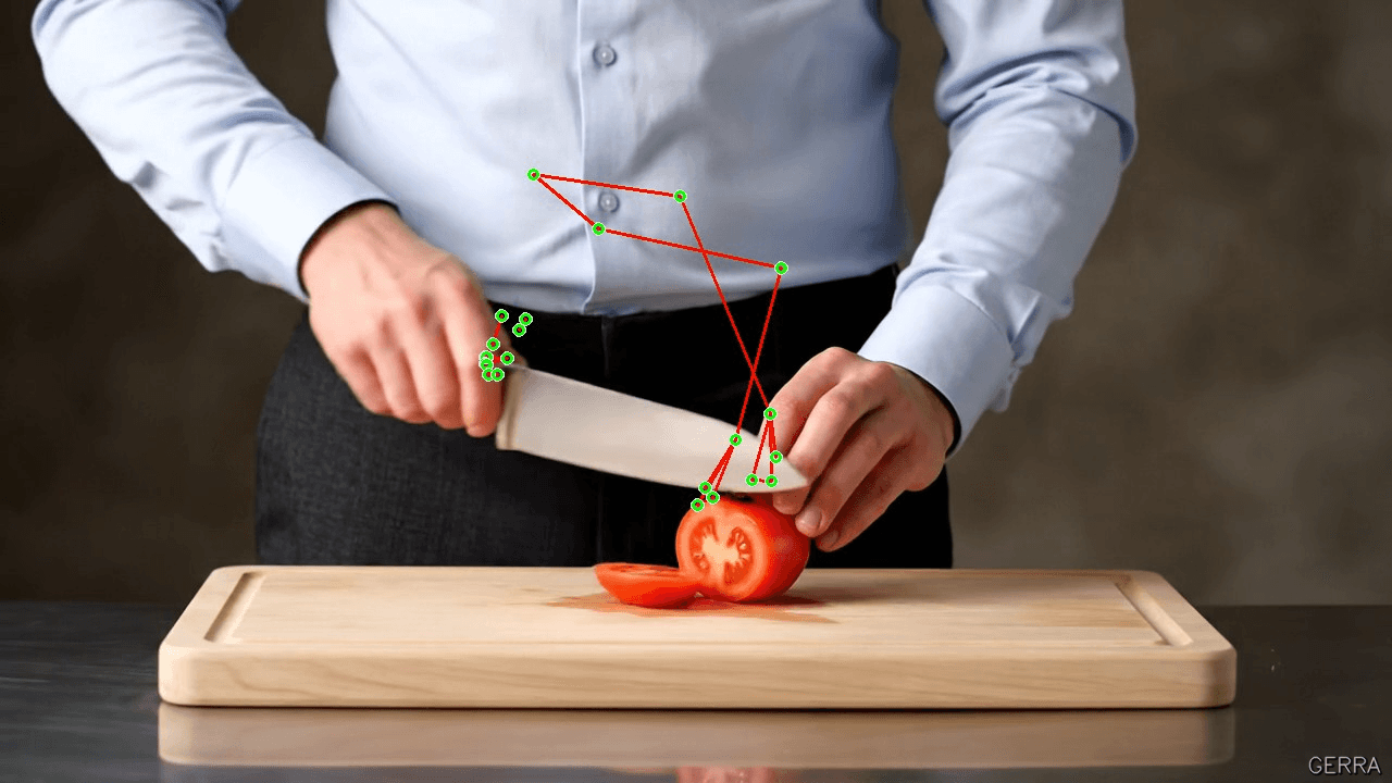 Slicing, a generated frame with the estimated body pose drawn over it