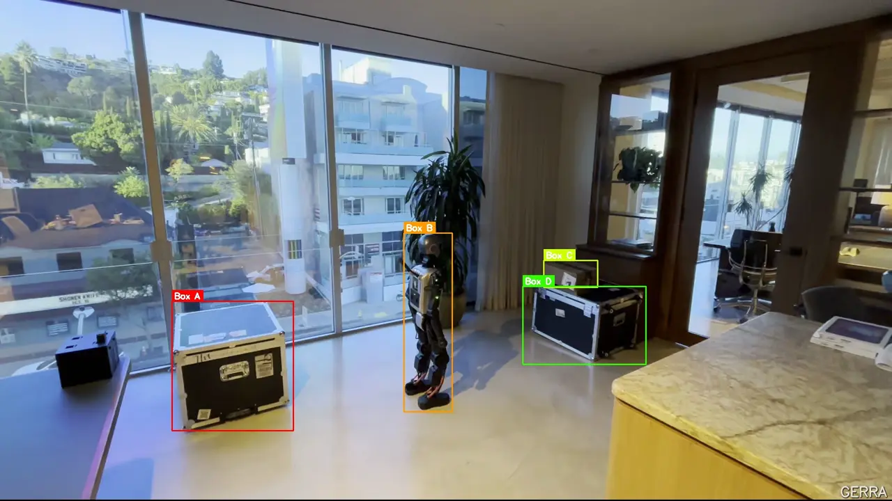 First frame of episode_010, box pick and place by a Booster T1, with the scene objects labeled