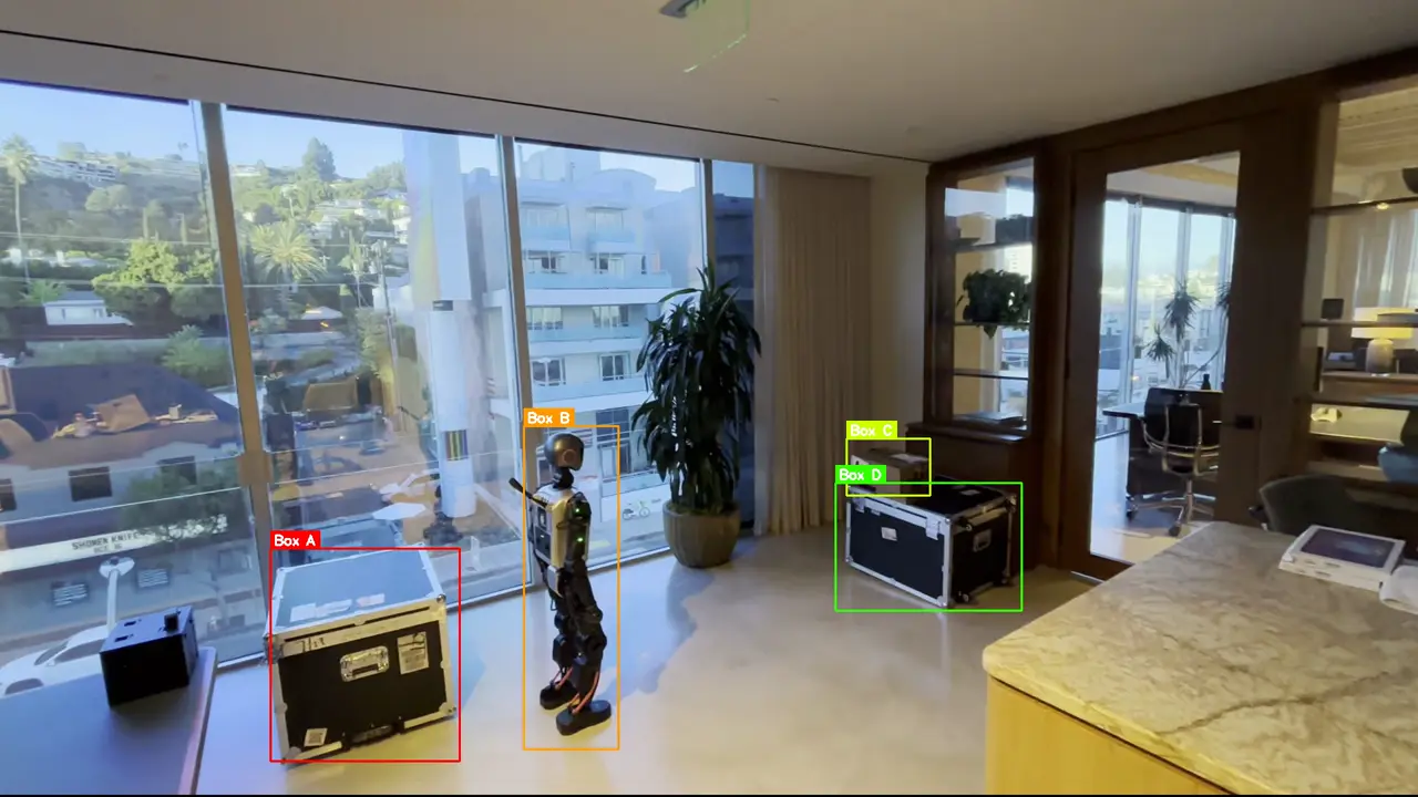 First frame of episode_012, box pick and place by a Booster T1, with the scene objects labeled