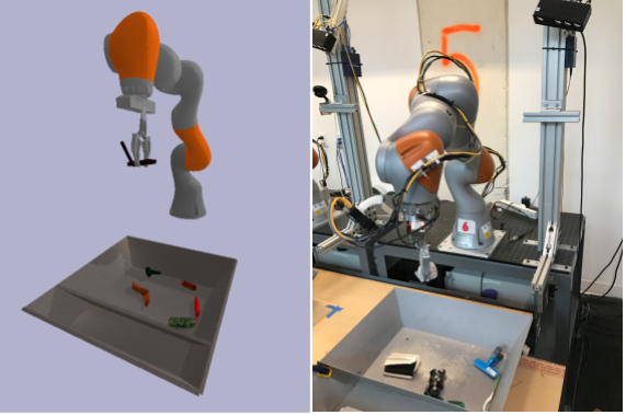 Robot performance comparison: perfect in simulation (left) vs struggling in reality (right)
